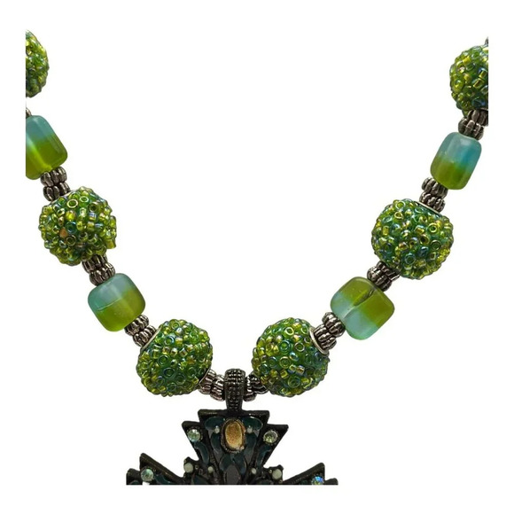 Statement Cross Pendant Ball Beaded Necklace Green Toggle Closure Vintage - Picture 3 of 7